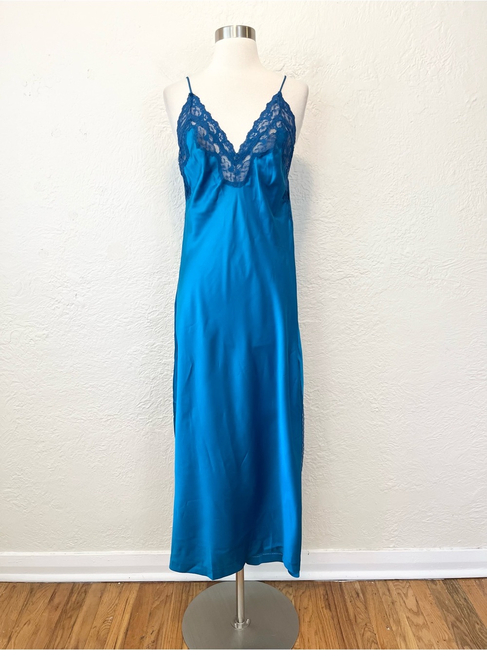 Vintage Teal Blue Satin Slip with Lace Trim